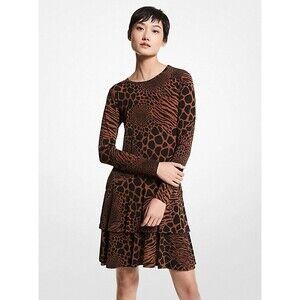 Michael Kors Animal Print Giraffe Matte Brown Black Jersey Tiered Dress  Sz S